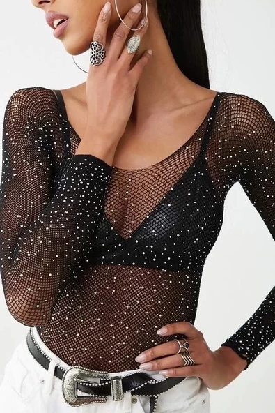 Beatiful Parlak Elmas Taşlı Omuz Detaylı File Kadın Body Bluz ürün görseli 1