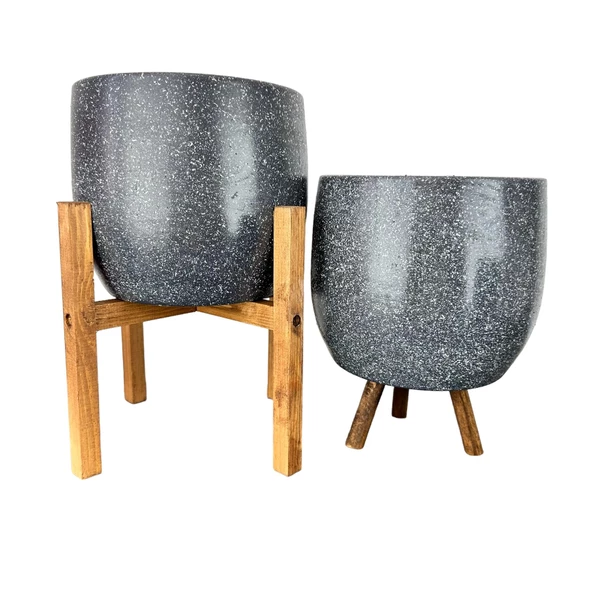 Bitki Tasarımı  Gri Granit Toprak Saksı Saksılık Salon Çiçeklik İkili Set 3 Ayaklı- 4 Ayaklı- 19 CM ürün görseli 1