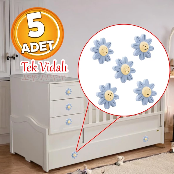 Plastik Papatya Gülücüklü Mavi Renk Mobilya Çoçuk Odası Dolabı Kapak Kulpu Çekmece Kulbu 5 ADET ürün görseli 1