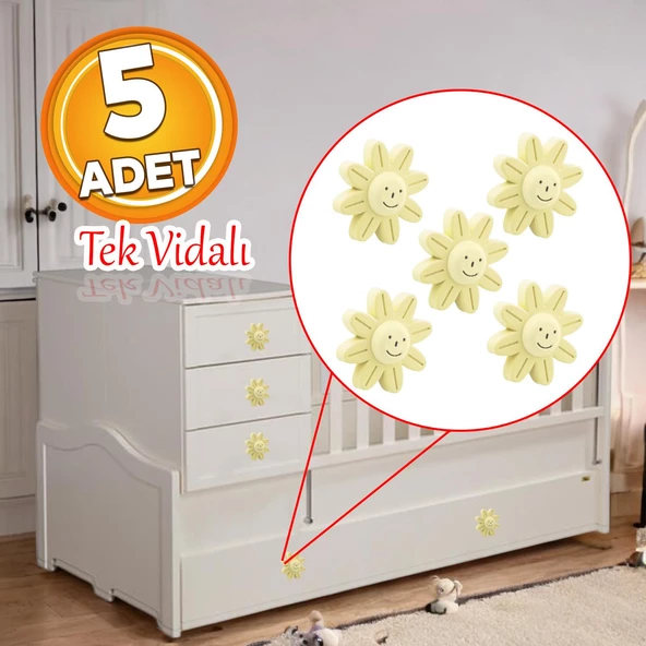 Plastik Papatya Gülücüklü 5 ADET Krem Aytaşı Mobilya Çoçuk Odası Dolabı Kapak Kulpu Çekmece Kulbu ürün görseli 1