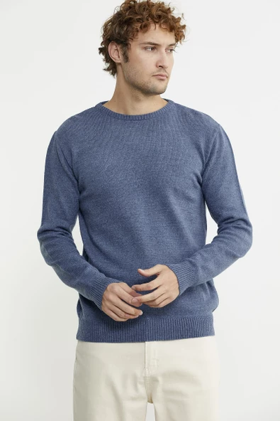 Basic Sıfır Yaka Triko Kazak - Indigo - Resim 3