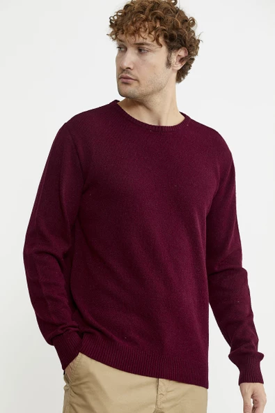 Basic Sıfır Yaka Triko Kazak - Bordo - Resim 4