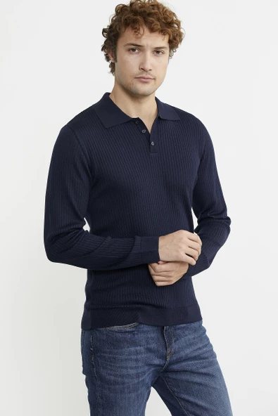 Polo Yaka Fitilli Triko Kazak - Lacivert - Resim 4