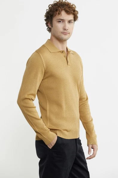Polo Yaka Fitilli Triko Kazak - Kamel - Resim 4