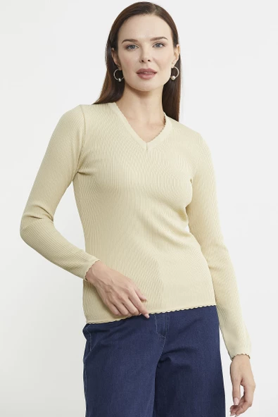 Fitilli V Yaka Basic Triko Kazak - Krem - Resim 2