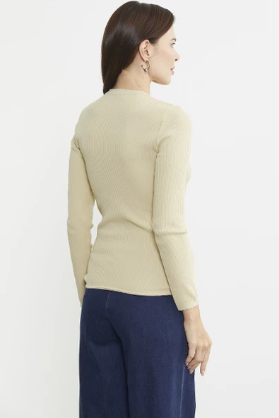 Fitilli V Yaka Basic Triko Kazak - Krem - Resim 6