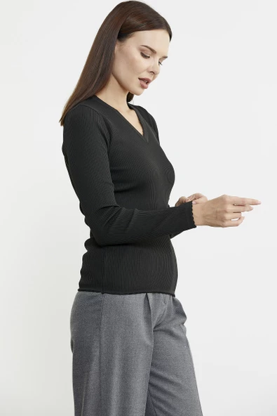 Fitilli V Yaka Basic Triko Kazak - Siyah - Resim 5