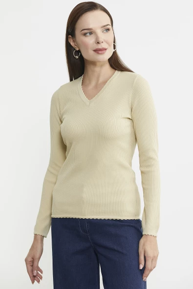 Fitilli V Yaka Basic Triko Kazak - Krem - Resim 4