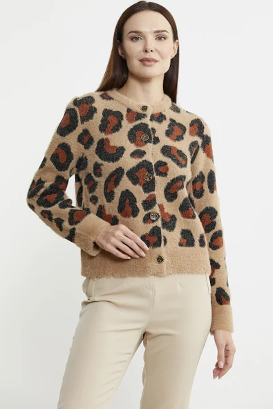 Leopar Desenli Sakallı Triko Hırka - Bej ürün görseli 1
