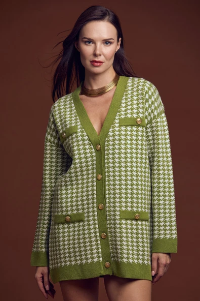 Kazayağı Motif Oversize Triko Ceket - Yeşil ürün görseli 1