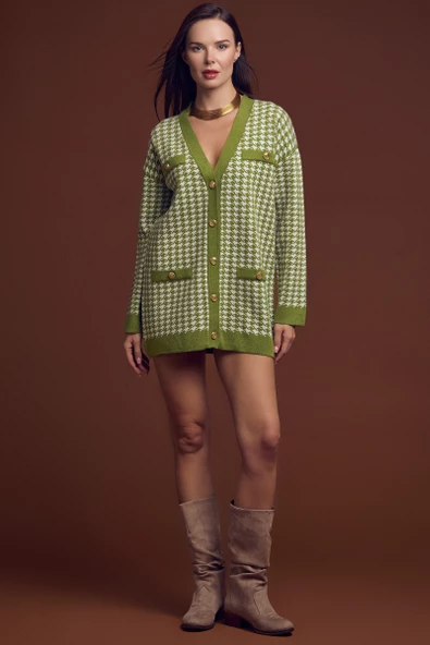 Kazayağı Motif Oversize Triko Ceket - Yeşil - Resim 2