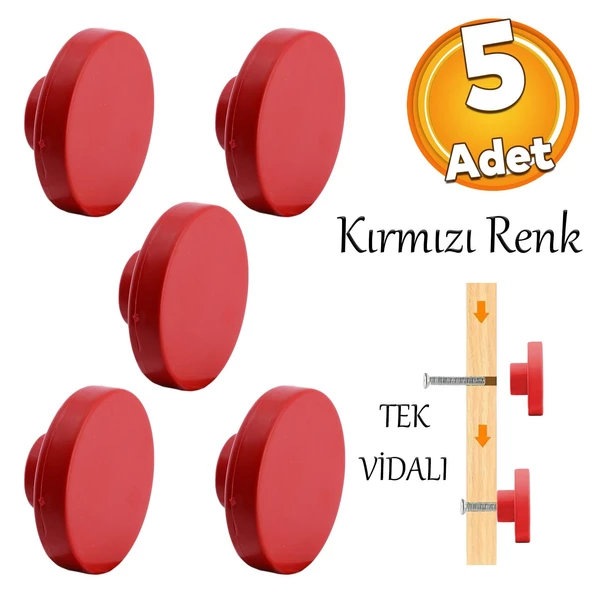 Plastik Yuvarlak 5 ADET Düz Kırmızı Renk Oda Mobilya Mutfak Dolabı Kapak Kulpu Çekmece Kulbu ürün görseli 1