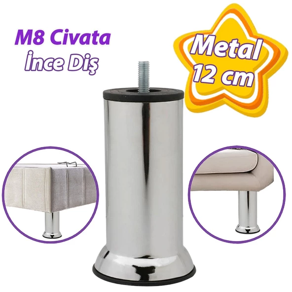 Metal Destek Ayağı 12 Cm Krom Mobilya Kanepe Baza Koltuk Ünite Ayakları Metrik 8 Civatalı İnce Diş ürün görseli 1