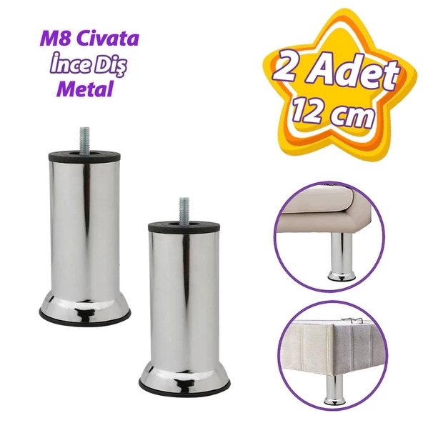 2 Adet Metal Destek Ayağı 12 Cm Krom Mobilya Kanepe Baza Koltuk Ünite Ayakları Metrik 8 Civatalı İnce Diş ürün görseli 1
