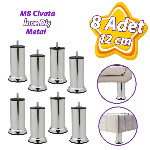 8 Adet Metal Destek Ayağı 12 Cm Krom Mobilya Kanepe Baza Koltuk Ünite Ayakları Metrik 8 Civatalı İnce Diş ürün görseli 1