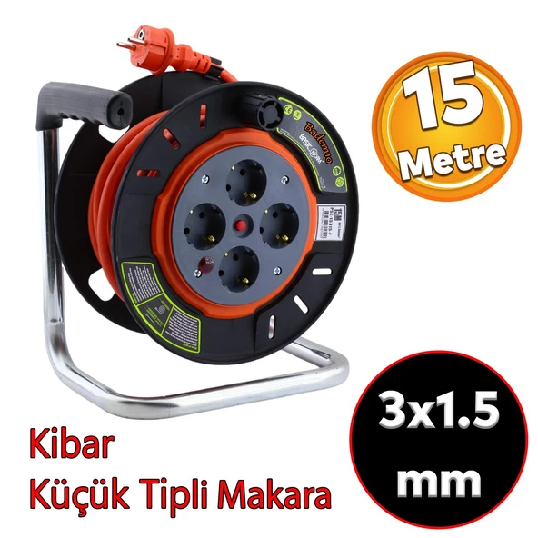 Plastik Küçük Makaralı Seyyar CCA Kablo 4 Priz Monofaze Uzatma Kablosu 3x1.5 mm TTR Kablo 15 Metre ürün görseli 1