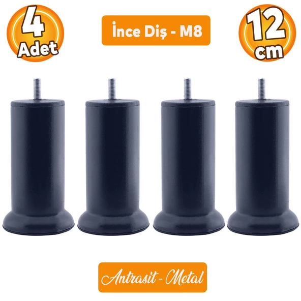 Mobilya Baza Metal Antrasit 12 cm M8 Ince Diş Kanepe Koltuk Çekyat Yükseltme Ayağı Ayakları 4 Adet ürün görseli 1