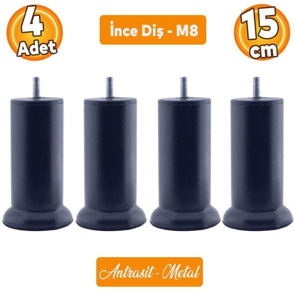Mobilya Baza Metal Antrasit 15 cm M8 Ince Diş Kanepe Koltuk Çekyat Yükseltme Ayağı Ayakları 4 Adet ürün görseli 1