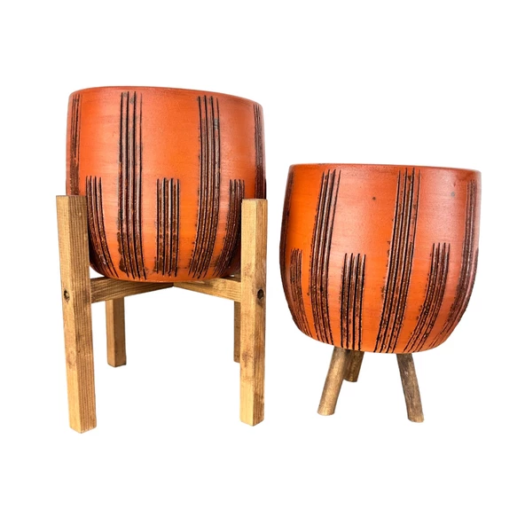 Bitki Tasarımı Dik Çizgi Desenli Toprak Saksı Saksılık Salon Çiçeklik İkili Set 3 Ayaklı- 4 Ayaklı- 19 CM ürün görseli 1