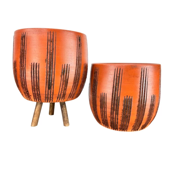 Bitki Tasarımı Dik Çizgi Desenli Toprak Saksı Saksılık Salon Çiçeklik İkili Set Ayaksız - 3 Ayaklı- 19 CM ürün görseli 1