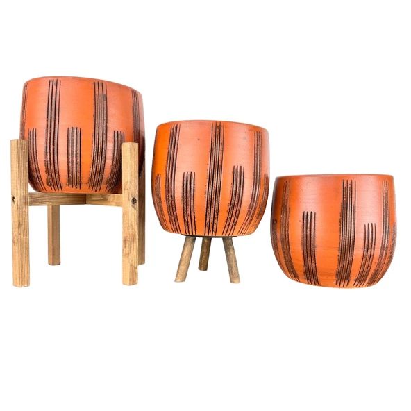Bitki Tasarımı  Dik Çizgi Desenli Toprak Saksı Saksılık Salon Çiçeklik Üçlü Set - 19 CM ürün görseli 1