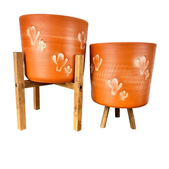 Bitki Tasarımı Kaktüs Desenli Toprak Saksı Saksılık Salon Çiçeklik İkili Set 3 Ayaklı- 4 Ayaklı- 19 CM ürün görseli 1