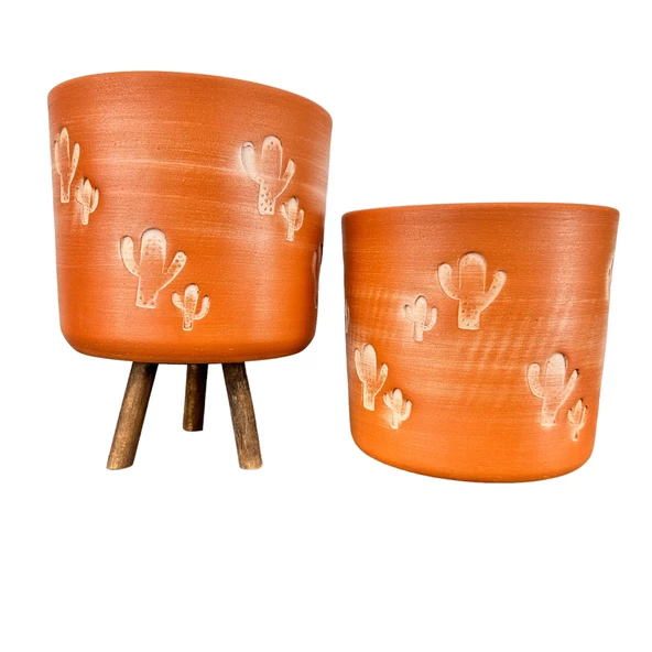 Bitki Tasarımı  Kaktüs Desenli Toprak Saksı Saksılık Salon Çiçeklik İkili Set Ayaksız - 3 Ayaklı- 19 CM ürün görseli 1