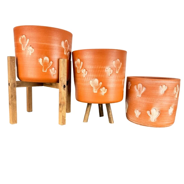 Bitki Tasarımı Kaktüs Desenli Toprak Saksı Saksılık Salon Çiçeklik Üçlü Set - 19 CM ürün görseli 1