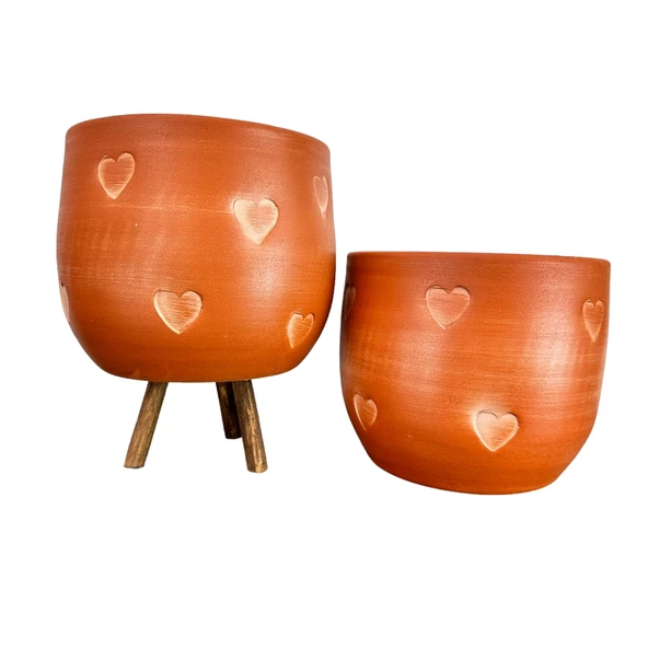 Bitki Tasarımı Kalp Desenli Toprak Saksı Saksılık Salon Çiçeklik İkili Set Ayaksız - 3 Ayaklı- 19 CM ürün görseli 1