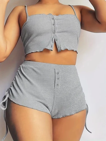 Kadın Ip Askılı Crop Bluz Ve Yanlardan Büzgülü Ikili Kaşkorse Short Takım ürün görseli 1