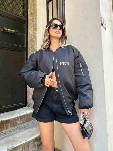Unisex Uzun Kol Baskılı Bomber Ceket - Siyah ürün görseli 1