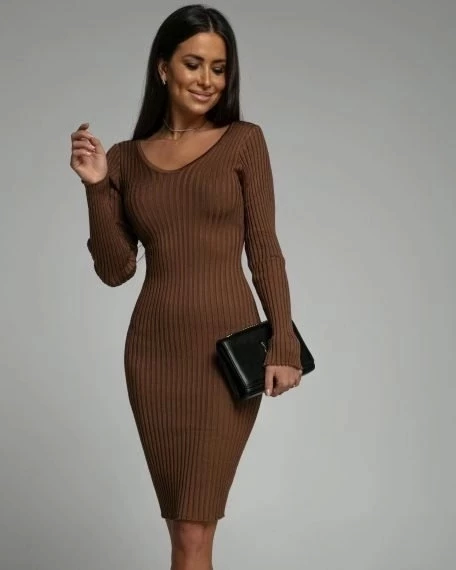 Kadın Uzun Kollu Geniş V Yaka Triko Midi Boy Elbise ürün görseli 1