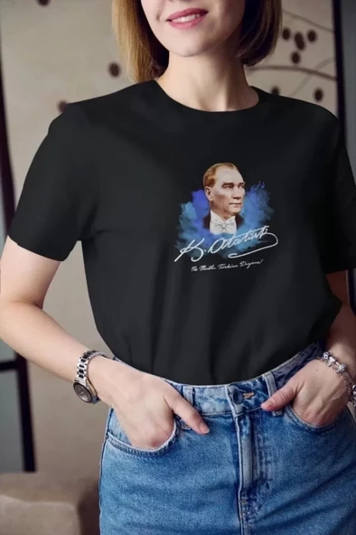 Unisex Bisiklet Yaka Baskılı Oversize T-Shirt - Siyah ürün görseli 1