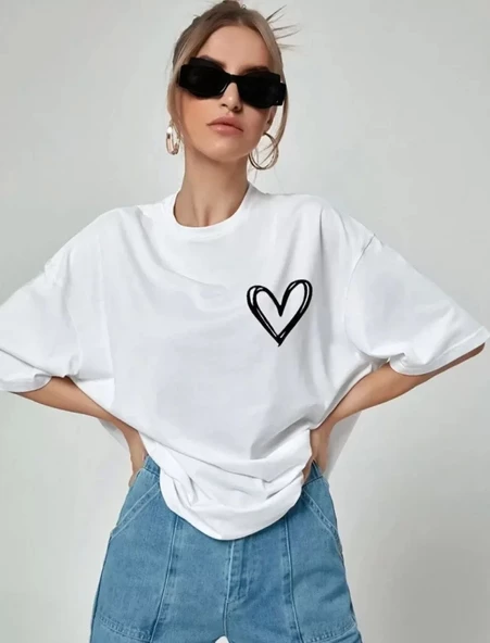Unisex Baskılı Oversize T-Shirt - Beyaz ürün görseli 1