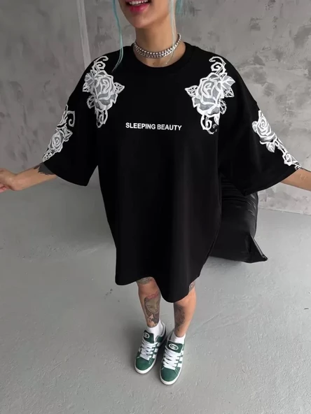 Unisex Flok Kabartma Baskılı T-Shirt - Siyah ürün görseli 1