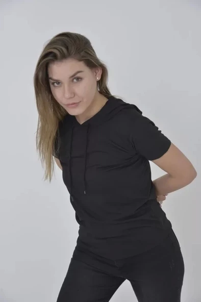 Kapşonlu Slim Fit T-shirt - Siyah - Resim 2