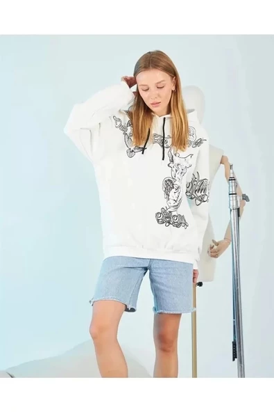 Kapüşonlu Strong Heykel Baskılı Sweatshirt - Beyaz ürün görseli 1