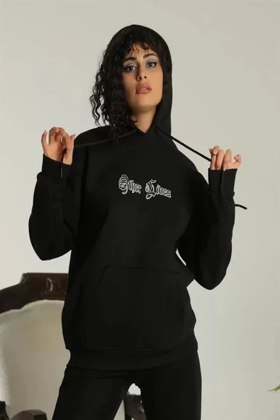 Sırt Baskılı Oversize Üç İplik Kapüşonlu Sweatshirt - Siyah ürün görseli 1