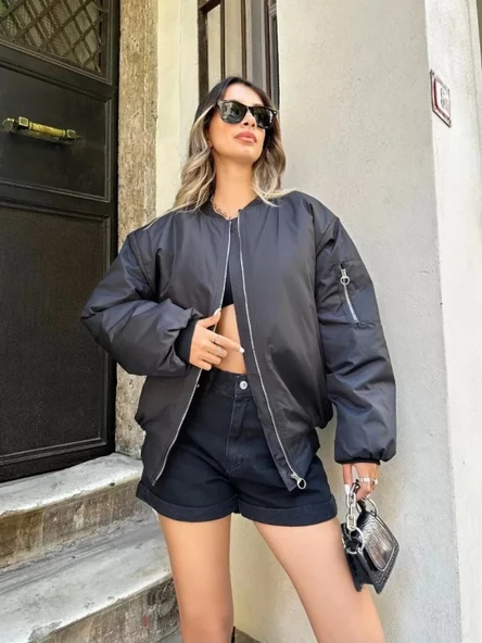 Düz Bomber Ceket - Siyah - Resim 3