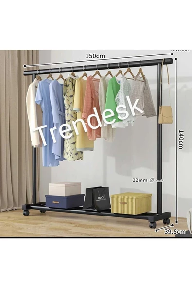 TRENDESK Metal Siyah / Beyaz  Konfeksiyon Askısı Ayaklı Askılık Elbise Askılığı Tekerlekli 150*140cm ürün görseli 1