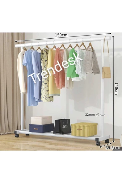 TRENDESK Metal Siyah / Beyaz  Konfeksiyon Askısı Ayaklı Askılık Elbise Askılığı Tekerlekli 150*140cm ürün görseli 1
