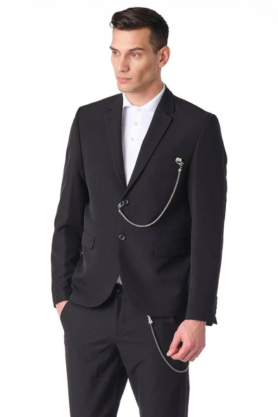CEKMON Erkek Regular Fit Zincir Detaylı Blazer Rahat Klasik Ceket - Resim 4