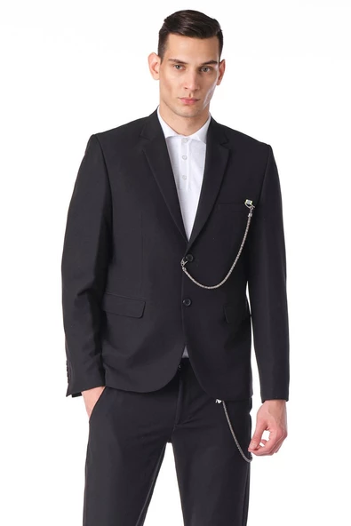 CEKMON Erkek Regular Fit Zincir Detaylı Blazer Rahat Klasik Ceket - Resim 2