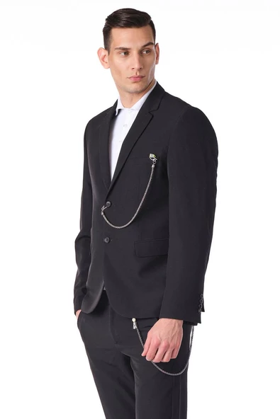 CEKMON Erkek Regular Fit Zincir Detaylı Blazer Rahat Klasik Ceket - Resim 3