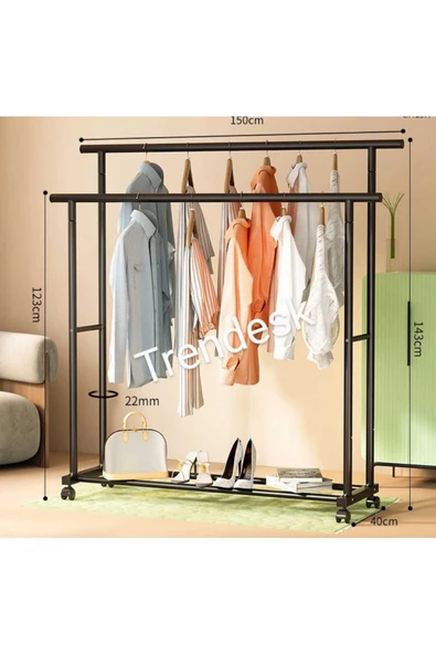 TRENDESK Metal Siyah /Beyaz Elbise Askısı 2 Katlı Tekerlekli Askı Konfeksiyon Askısı ( Eşek Askı ) 143 cm ürün görseli 1