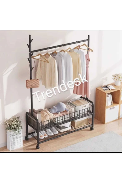 TRENDESK Metal Siyah /Beyaz /Krem 2 Raflı Raflı Konfeksiyon Askılığı  Ayaklı Elbise Askılığı 176cm ürün görseli 1