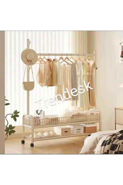 TRENDESK Metal Siyah /Beyaz /Krem 2 Raflı Raflı Konfeksiyon Askılığı  Ayaklı Elbise Askılığı 176cm ürün görseli 1