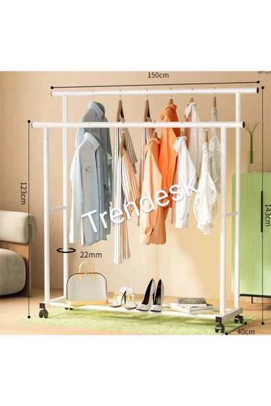 TRENDESK Metal Siyah /Beyaz Elbise Askısı 2 Katlı Tekerlekli Askı Konfeksiyon Askısı ( Eşek Askı ) 143 cm ürün görseli 1