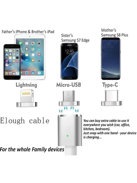 Iphone Lightning Samsung Micro Usb Type C Mıknatıslı Şarj Kablosu - Resim 4