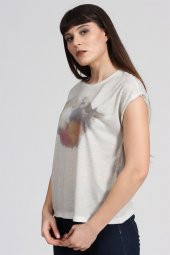 Gökkuşağı Baskılı Basıc Tshirt-BEJ thumbnail 3